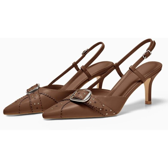 💫 Women Brown Slingback Kitten Heel Studded PointedToe Pumps Buckle Party Shoes - Picture 5 of 6